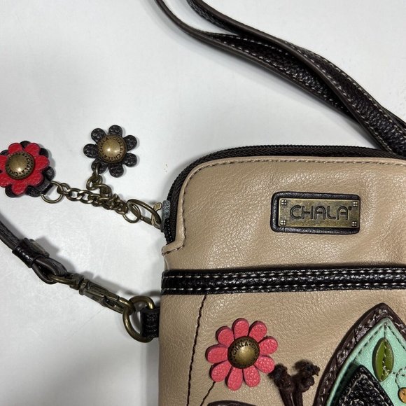Chala Handbags Cell Phone Crossbody Purse Butterfly And Flowers, Leather Tan - Picture 3 of 6